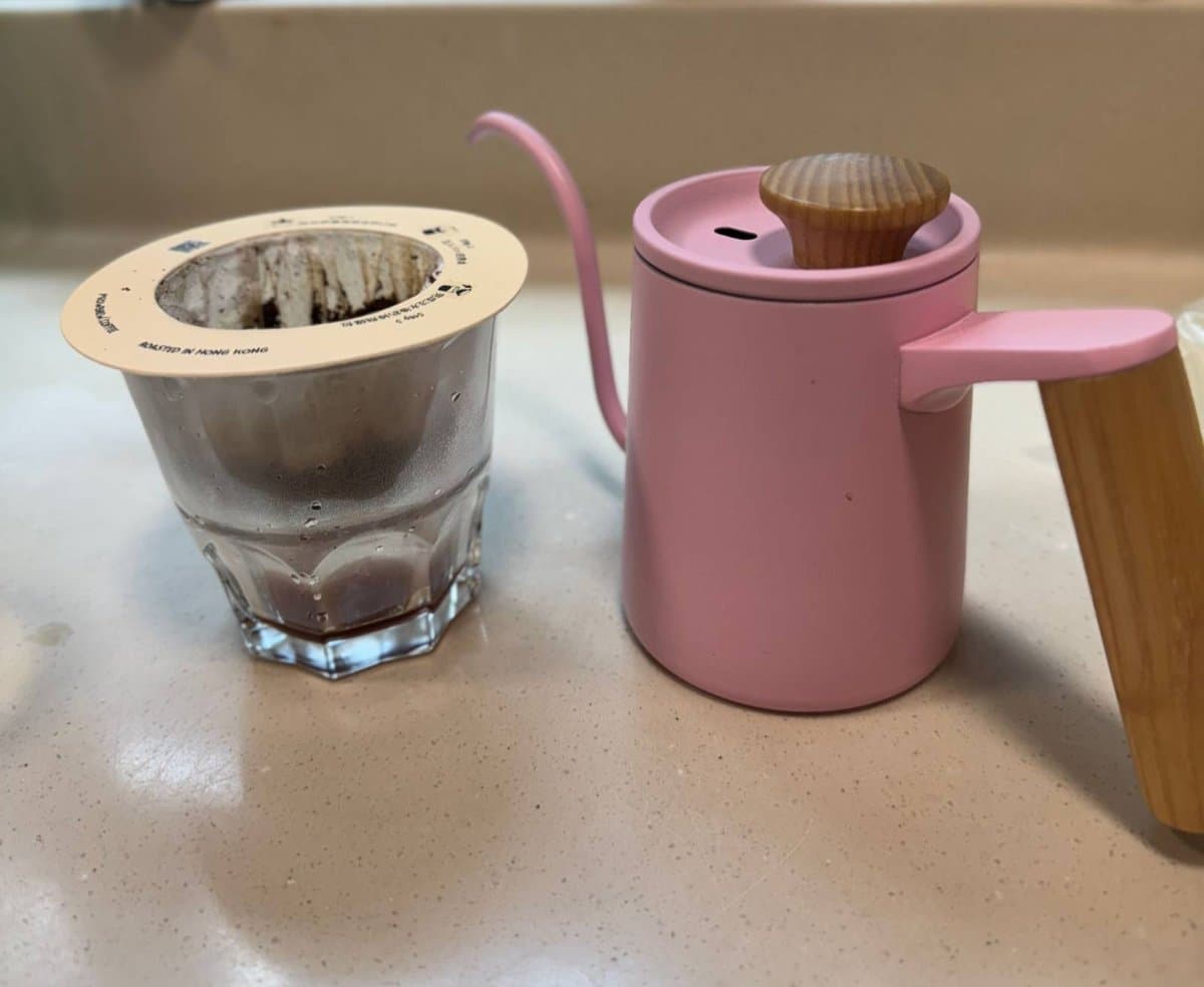 MeowBrew UFO drip bag brewing setup with pink kettle